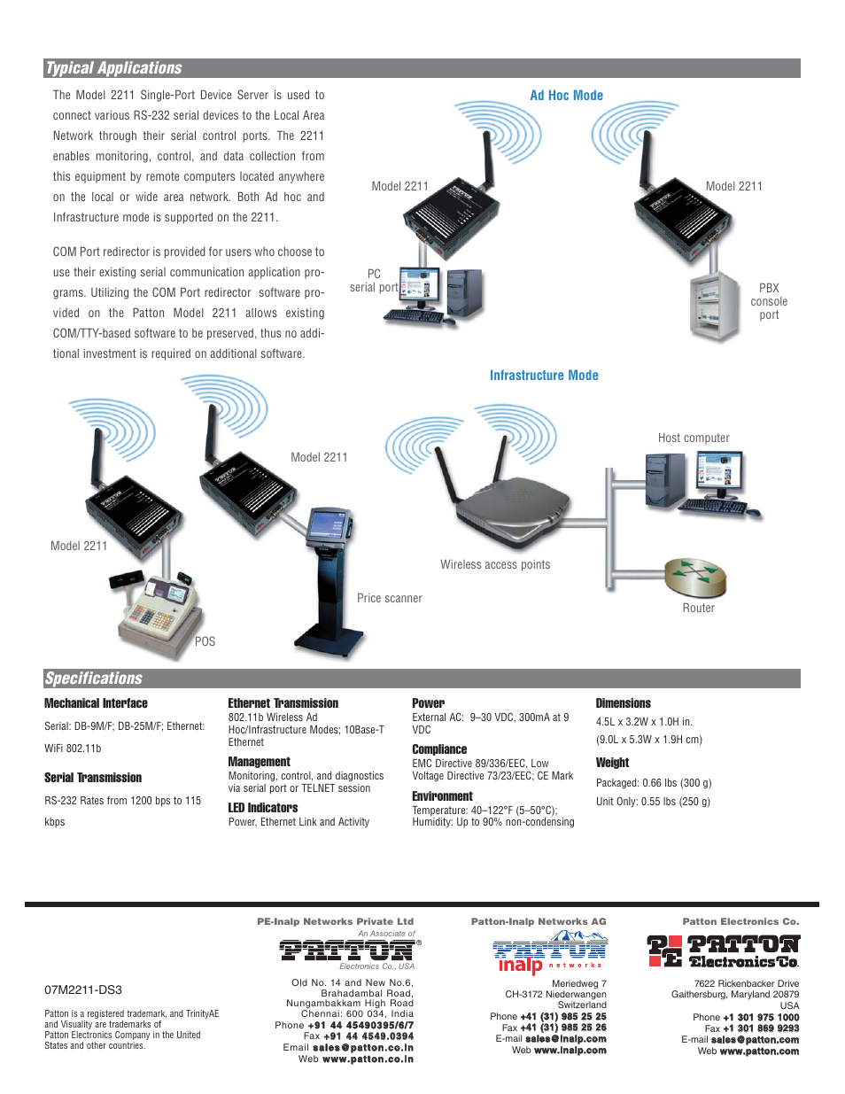Specifications typical applications, Mechanical interface, Serial transmission | Ethernet transmission, Management, Led indicators, Power, Compliance, Environment, Dimensions | Patton electronic 2211 User Manual | Page 2 / 2