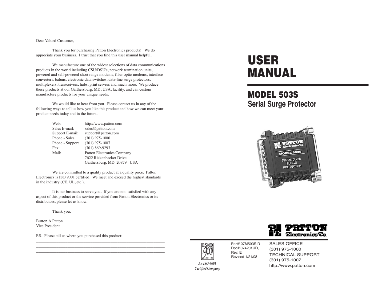 User manual, Model 503s, Serial surge protector | Patton electronic 503S User Manual | Page 8 / 8