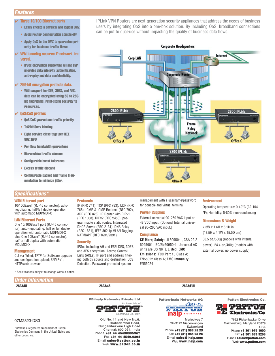 Features specifications, Order information, Vpn tunneling secures ip network tra- versal | Bit encryption protects data, Qos/cos profiles, Wan ethernet port, Lan ethernet ports, Management, Protocols, Security | Patton electronic 2823 User Manual | Page 2 / 2