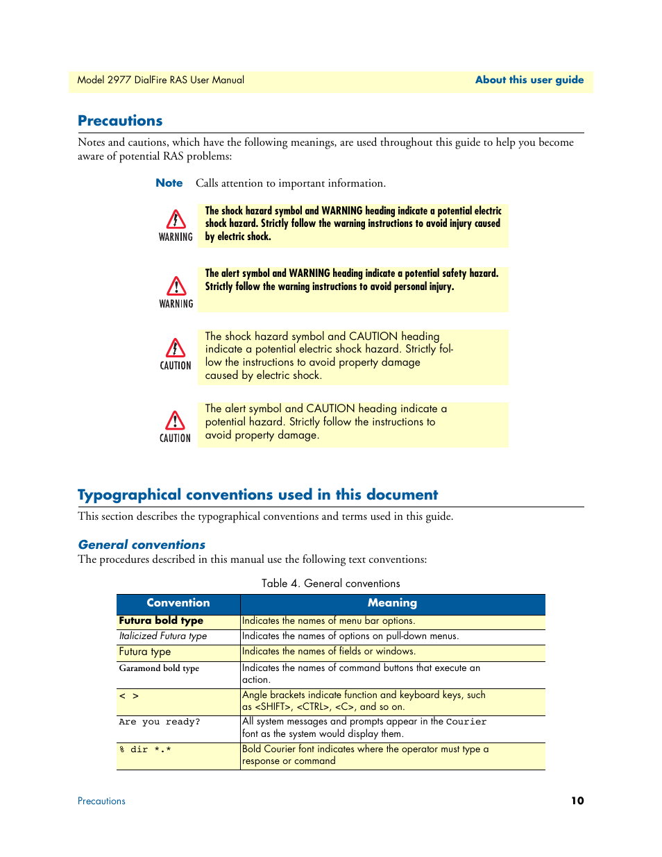 Precautions, Typographical conventions used in this document, General conventions | Patton electronic DIALFIRE 2977 User Manual | Page 10 / 59