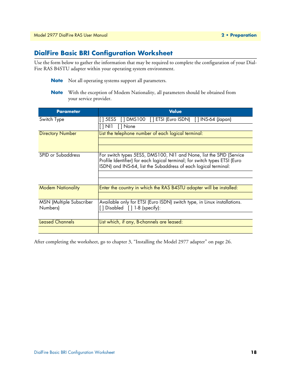 Dialfire basic bri configuration worksheet | Patton electronic DIALFIRE 2977 User Manual | Page 18 / 59