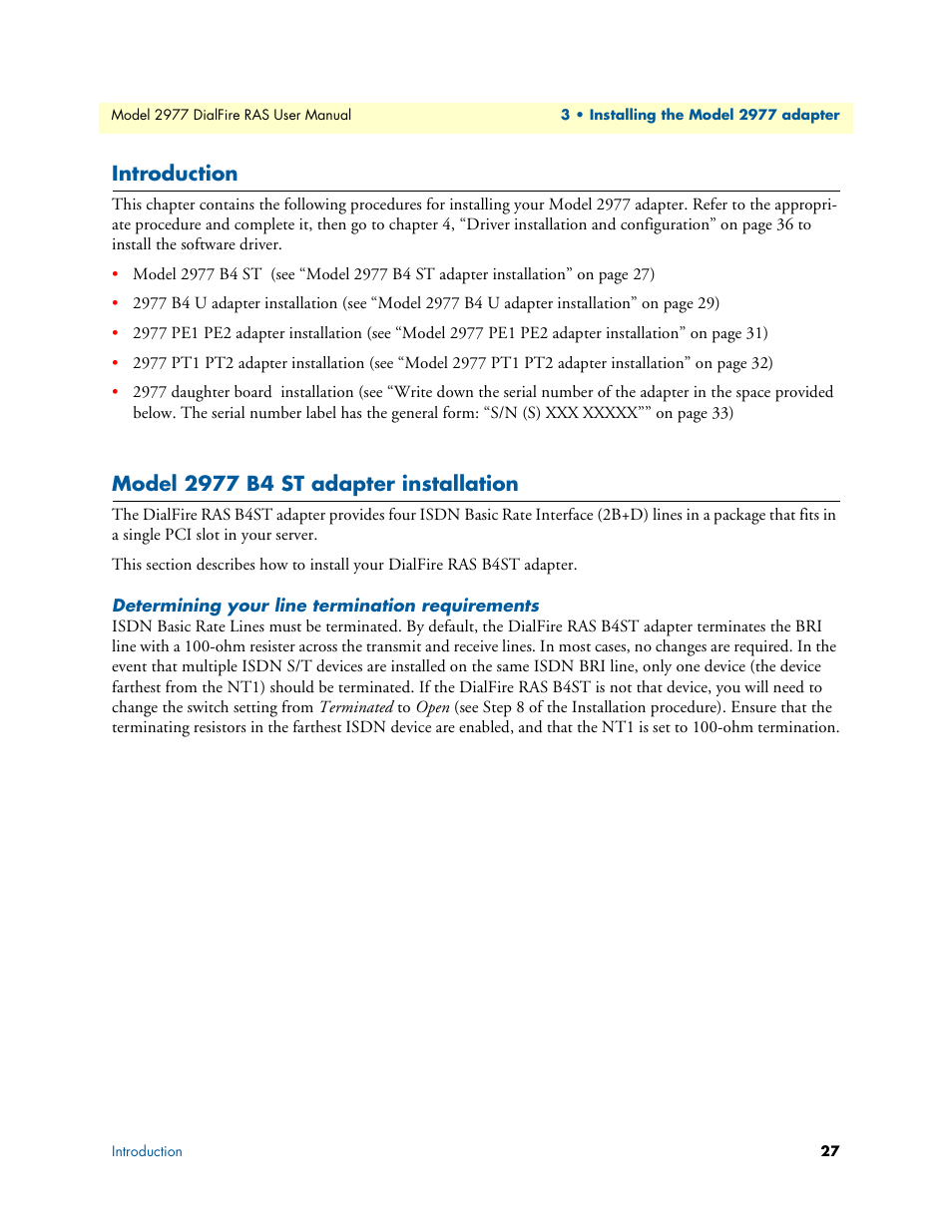 Introduction, Model 2977 b4 st adapter installation, Determining your line termination requirements | Introduction model 2977 b4 st adapter installation | Patton electronic DIALFIRE 2977 User Manual | Page 27 / 59