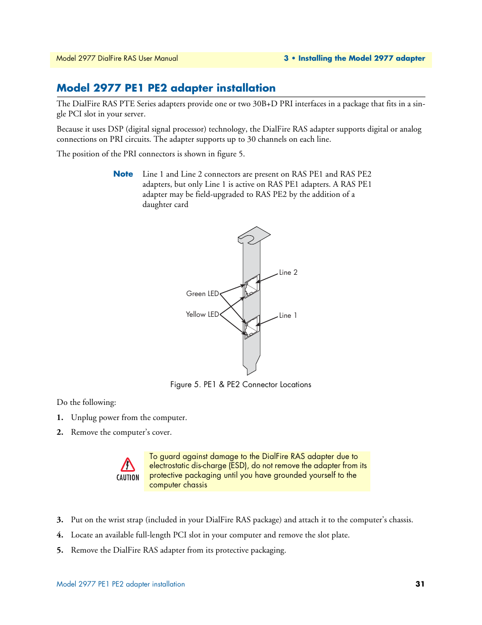 Model 2977 pe1 pe2 adapter installation | Patton electronic DIALFIRE 2977 User Manual | Page 31 / 59