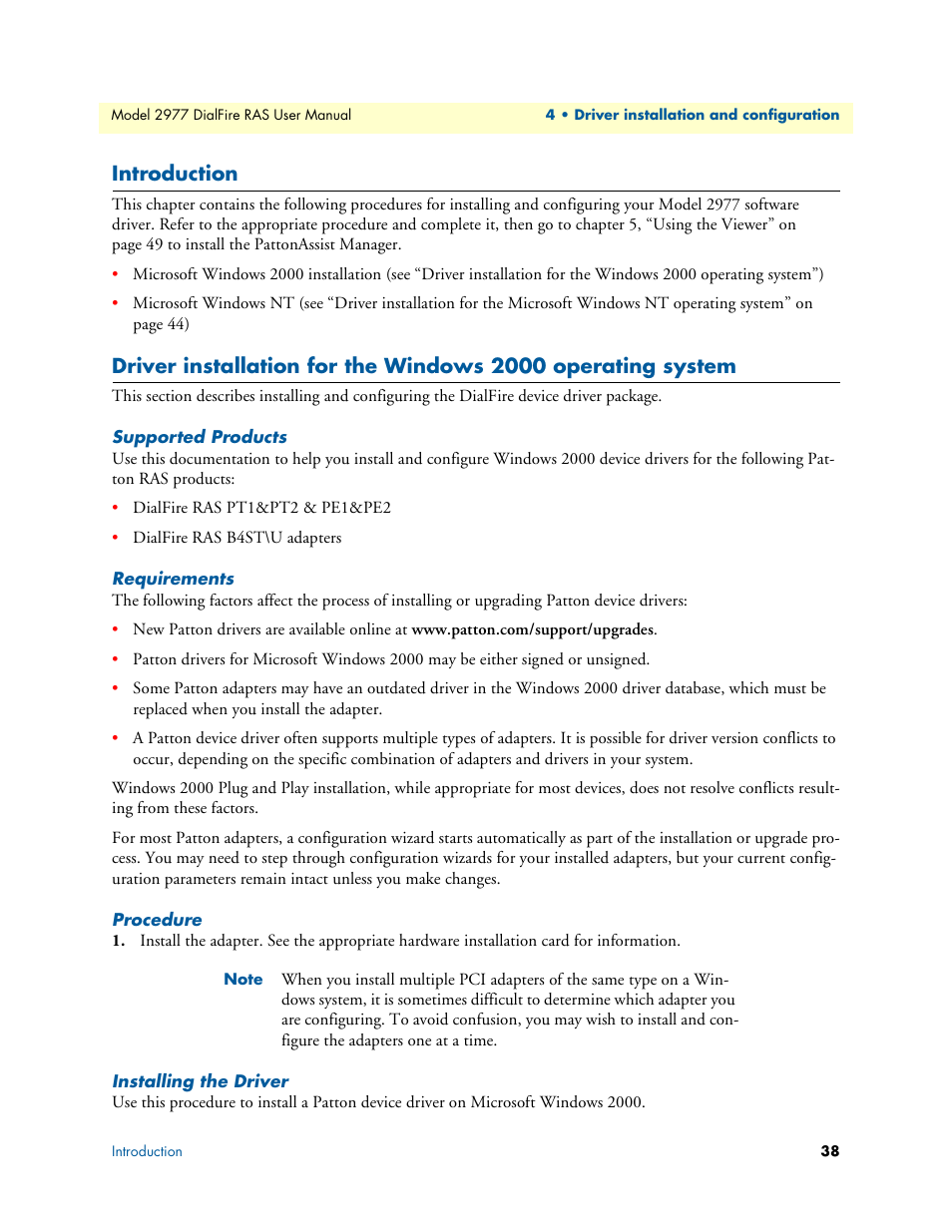 Introduction, Supported products, Requirements | Procedure, Installing the driver | Patton electronic DIALFIRE 2977 User Manual | Page 38 / 59