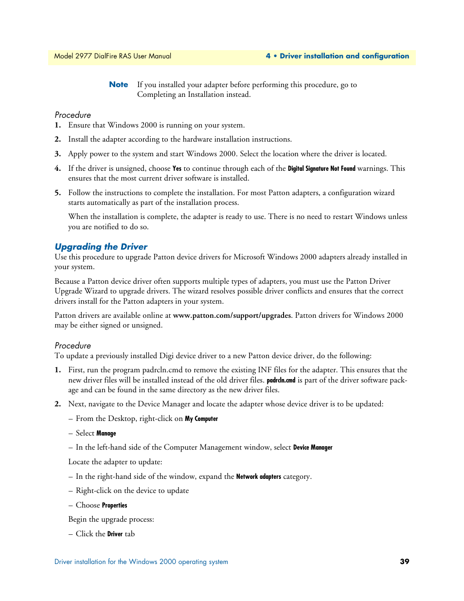 Procedure, Upgrading the driver | Patton electronic DIALFIRE 2977 User Manual | Page 39 / 59