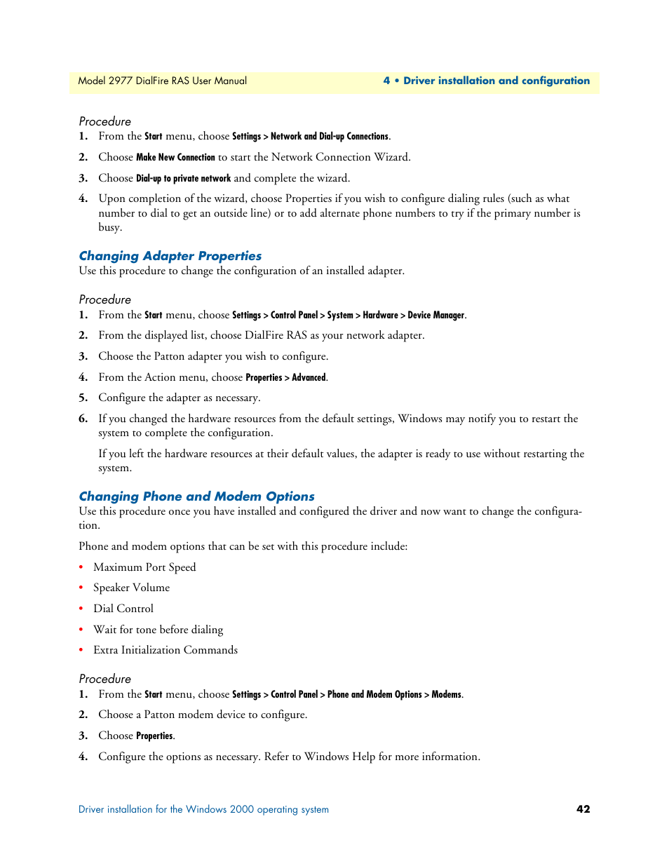 Procedure, Changing adapter properties, Changing phone and modem options | Patton electronic DIALFIRE 2977 User Manual | Page 42 / 59