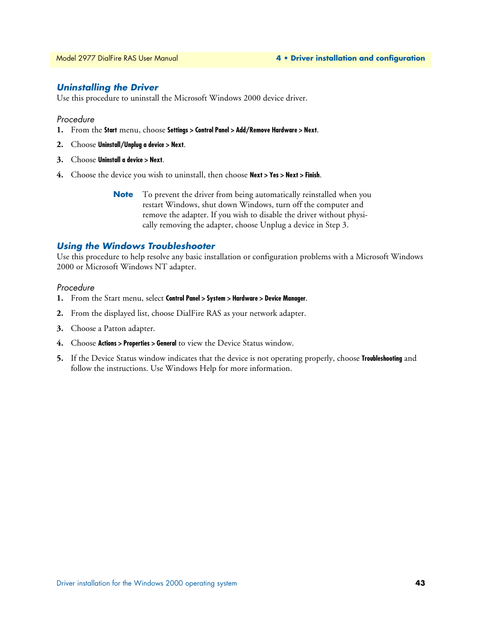 Uninstalling the driver, Procedure, Using the windows troubleshooter | Patton electronic DIALFIRE 2977 User Manual | Page 43 / 59