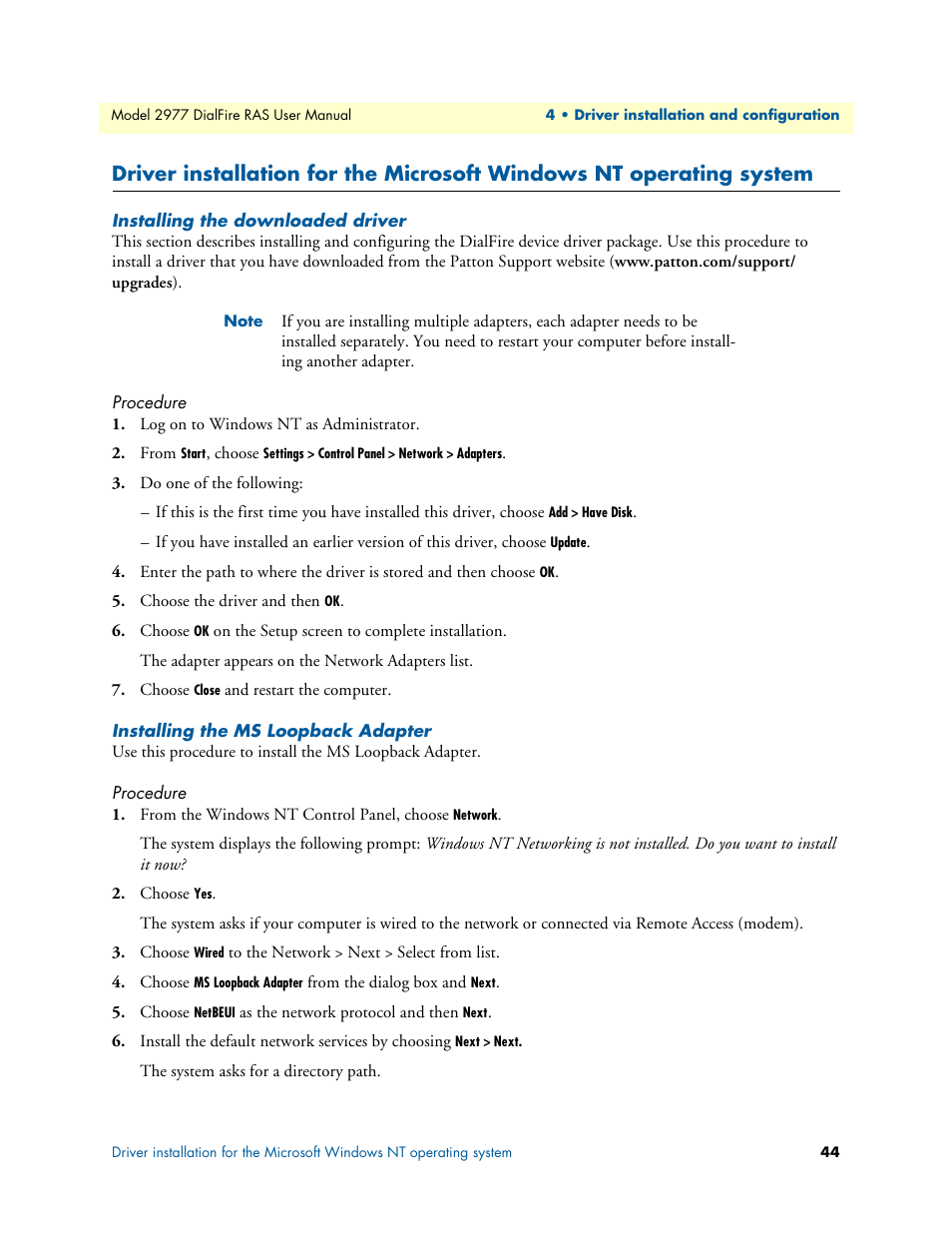 Installing the downloaded driver, Procedure, Installing the ms loopback adapter | Patton electronic DIALFIRE 2977 User Manual | Page 44 / 59