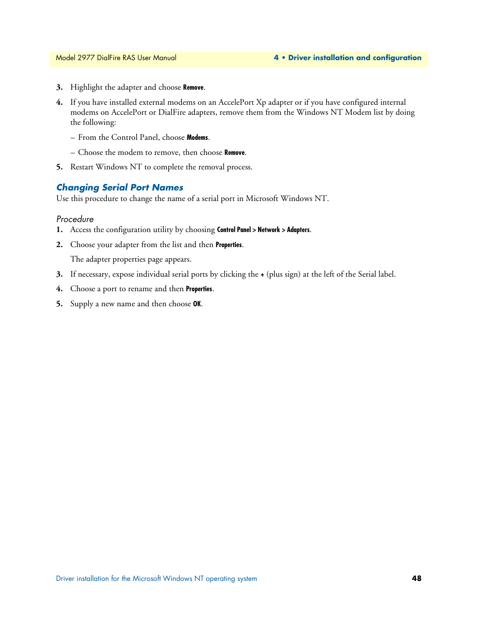 Changing serial port names, Procedure | Patton electronic DIALFIRE 2977 User Manual | Page 48 / 59