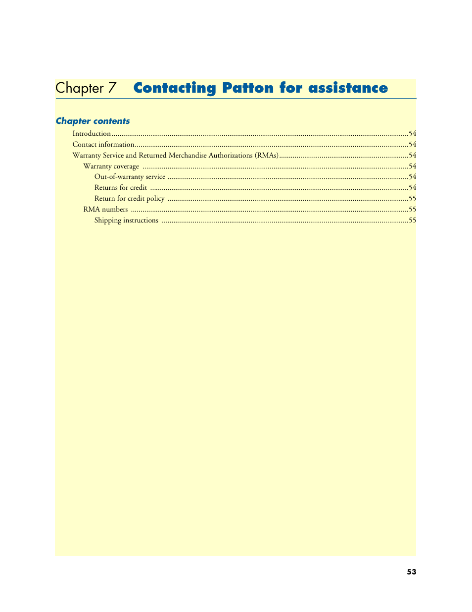 Chapter 7 contacting patton for assistance, 7 contacting patton for assistance, Chapter 7 contains | Patton electronic DIALFIRE 2977 User Manual | Page 53 / 59