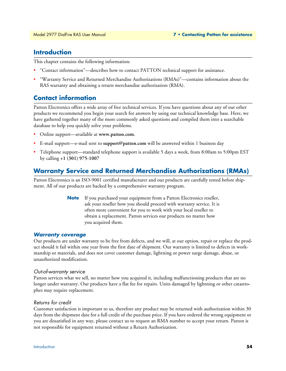 Introduction, Contact information, Warranty coverage | Out-of-warranty service, Returns for credit, Out-of-warranty service returns for credit | Patton electronic DIALFIRE 2977 User Manual | Page 54 / 59