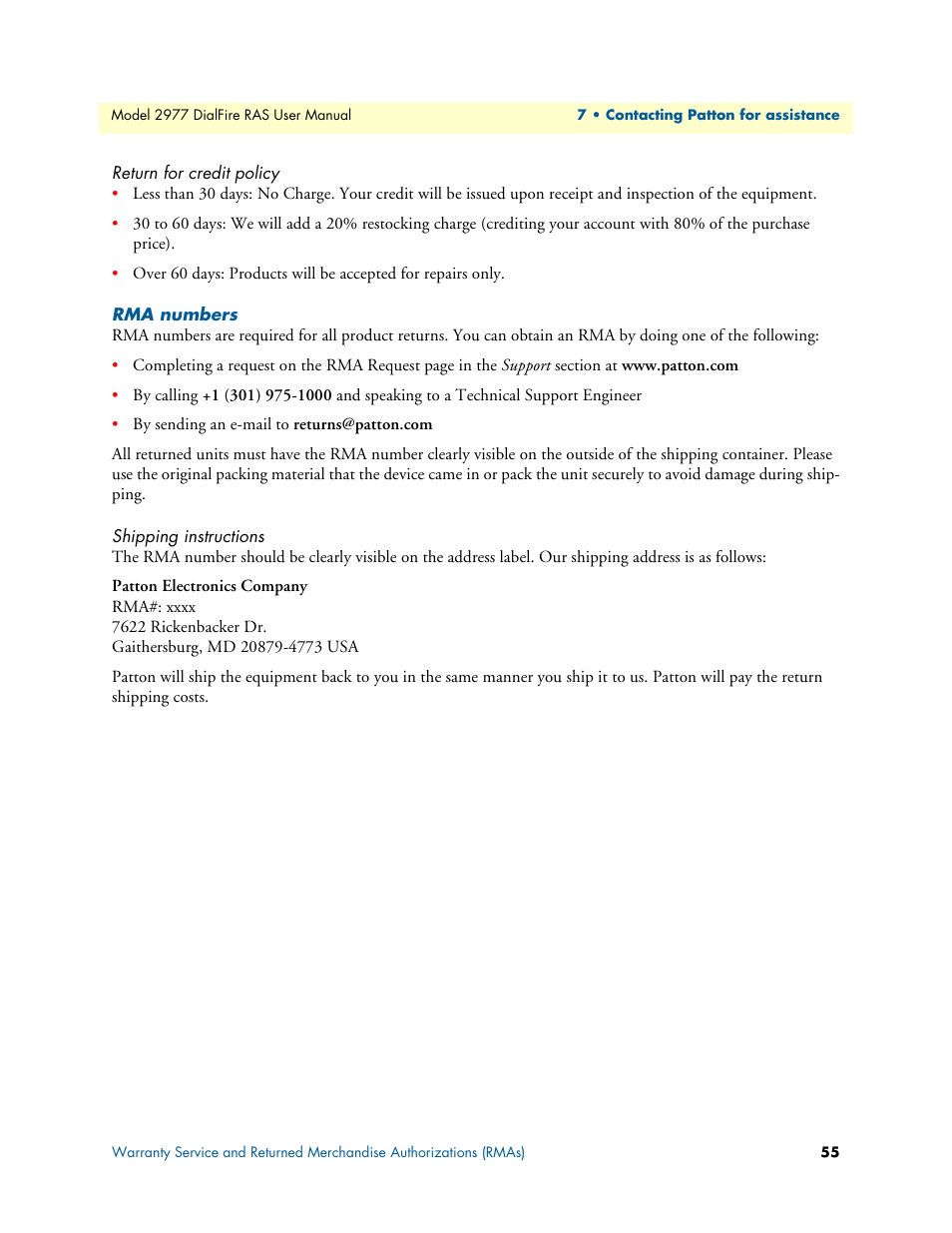 Return for credit policy, Rma numbers, Shipping instructions | Patton electronic DIALFIRE 2977 User Manual | Page 55 / 59