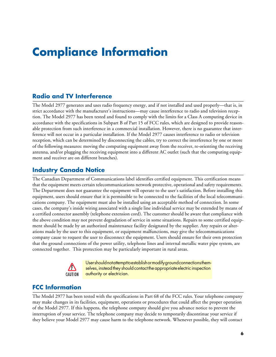 Compliance information, Radio and tv interference, Industry canada notice | Fcc information | Patton electronic DIALFIRE 2977 User Manual | Page 6 / 59