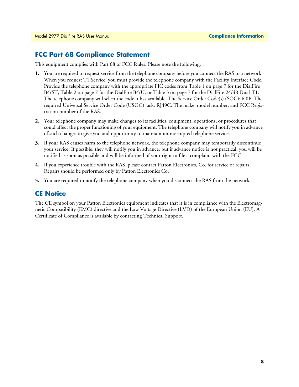 Fcc part 68 compliance statement, Ce notice, Fcc part 68 compliance statement ce notice | Patton electronic DIALFIRE 2977 User Manual | Page 8 / 59