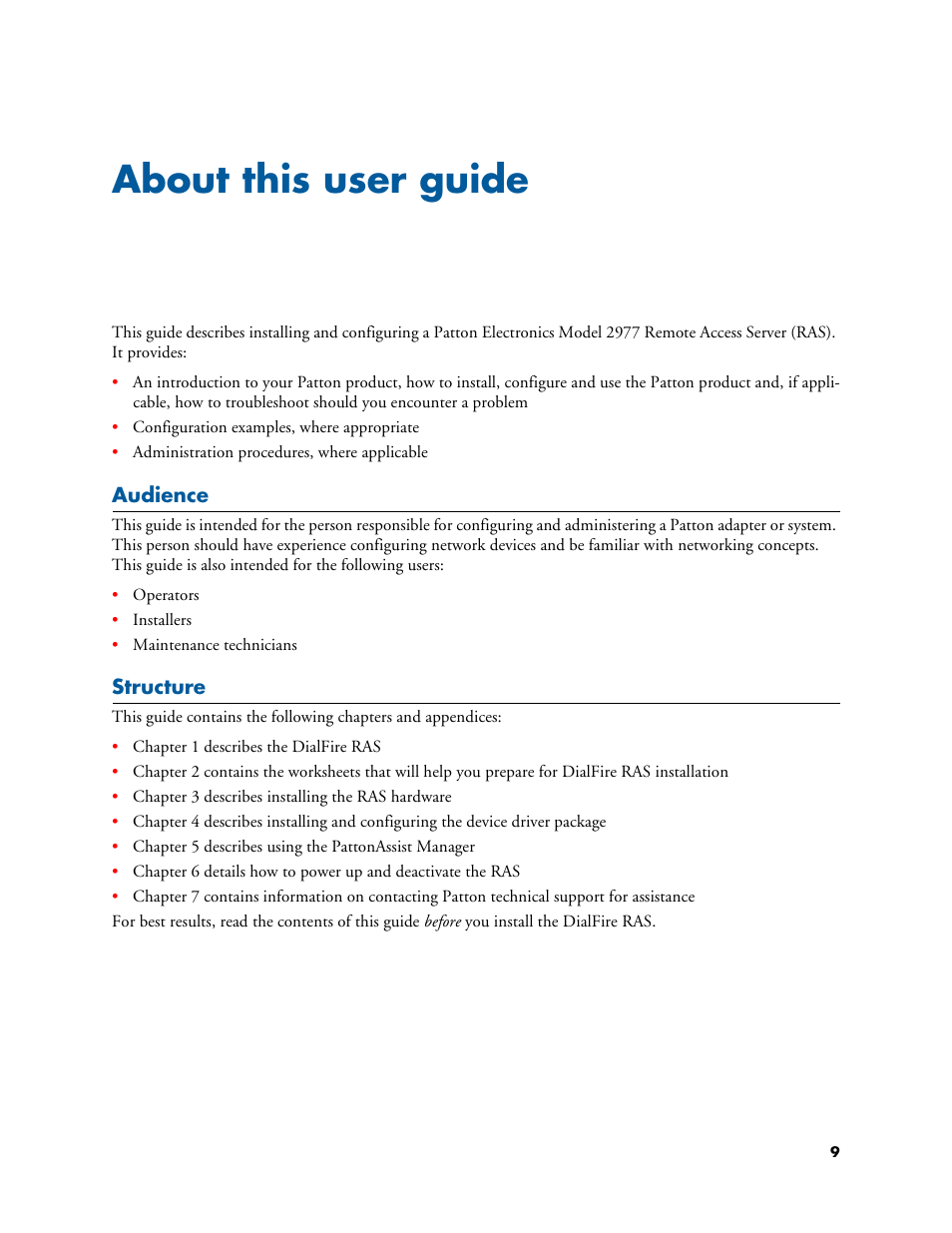 About this user guide, Audience, Structure | Audience structure | Patton electronic DIALFIRE 2977 User Manual | Page 9 / 59