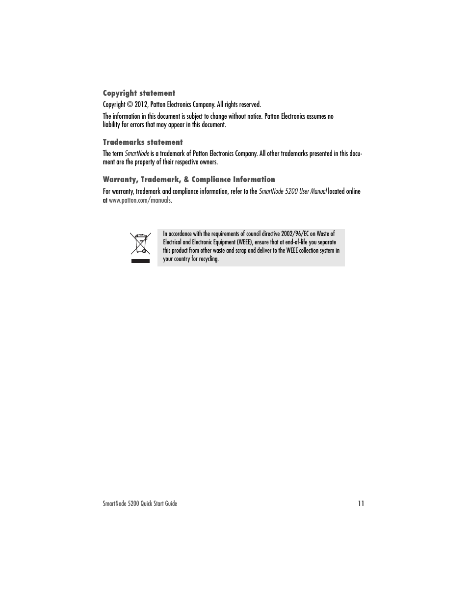 Copyright statement, Trademarks statement, Warranty, trademark, & compliance information | Patton electronic SmartNode 07MSN5200-QS User Manual | Page 11 / 12