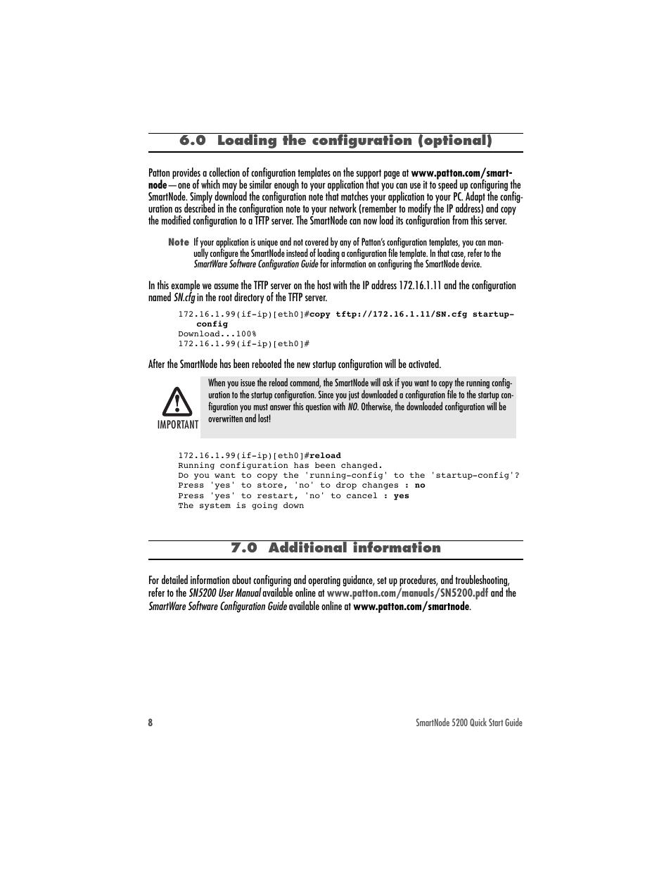 0 loading the configuration (optional), 0 additional information | Patton electronic SmartNode 07MSN5200-QS User Manual | Page 8 / 12