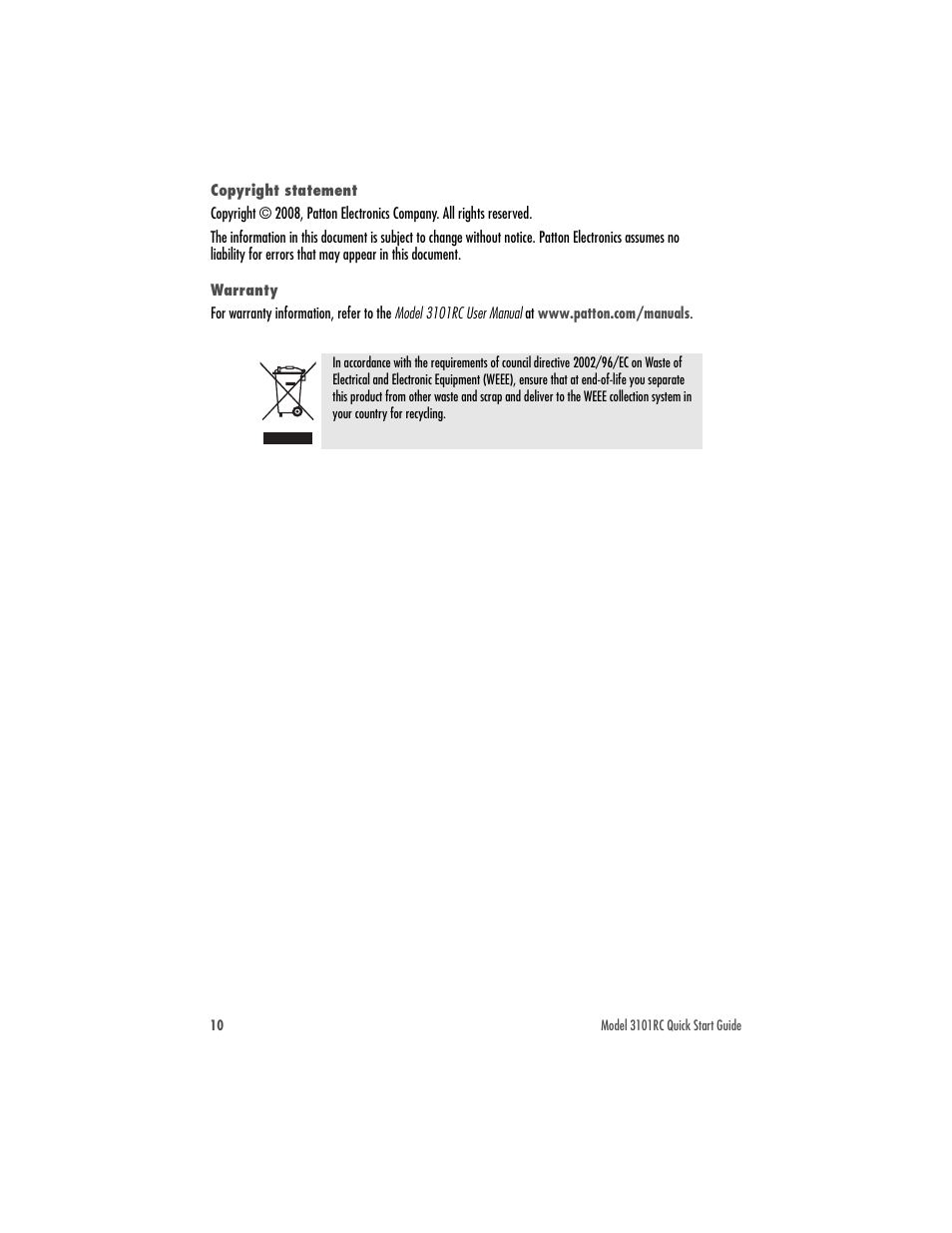 Copyright statement, Warranty | Patton electronic Model 3101RC User Manual | Page 10 / 12
