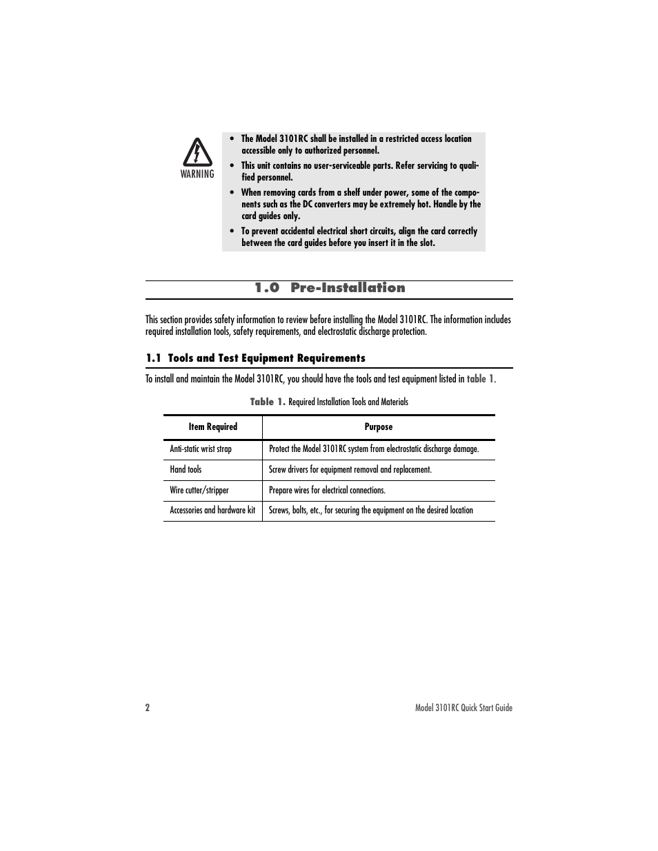 0 pre-installation, 1 tools and test equipment requirements | Patton electronic Model 3101RC User Manual | Page 2 / 12