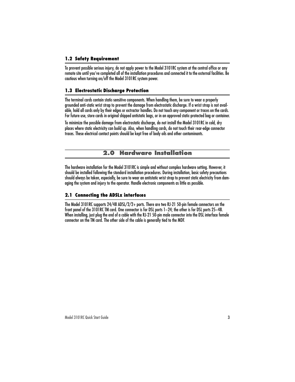 2 safety requirement, 3 electrostatic discharge protection, 0 hardware installation | 1 connecting the adslx interfaces | Patton electronic Model 3101RC User Manual | Page 3 / 12