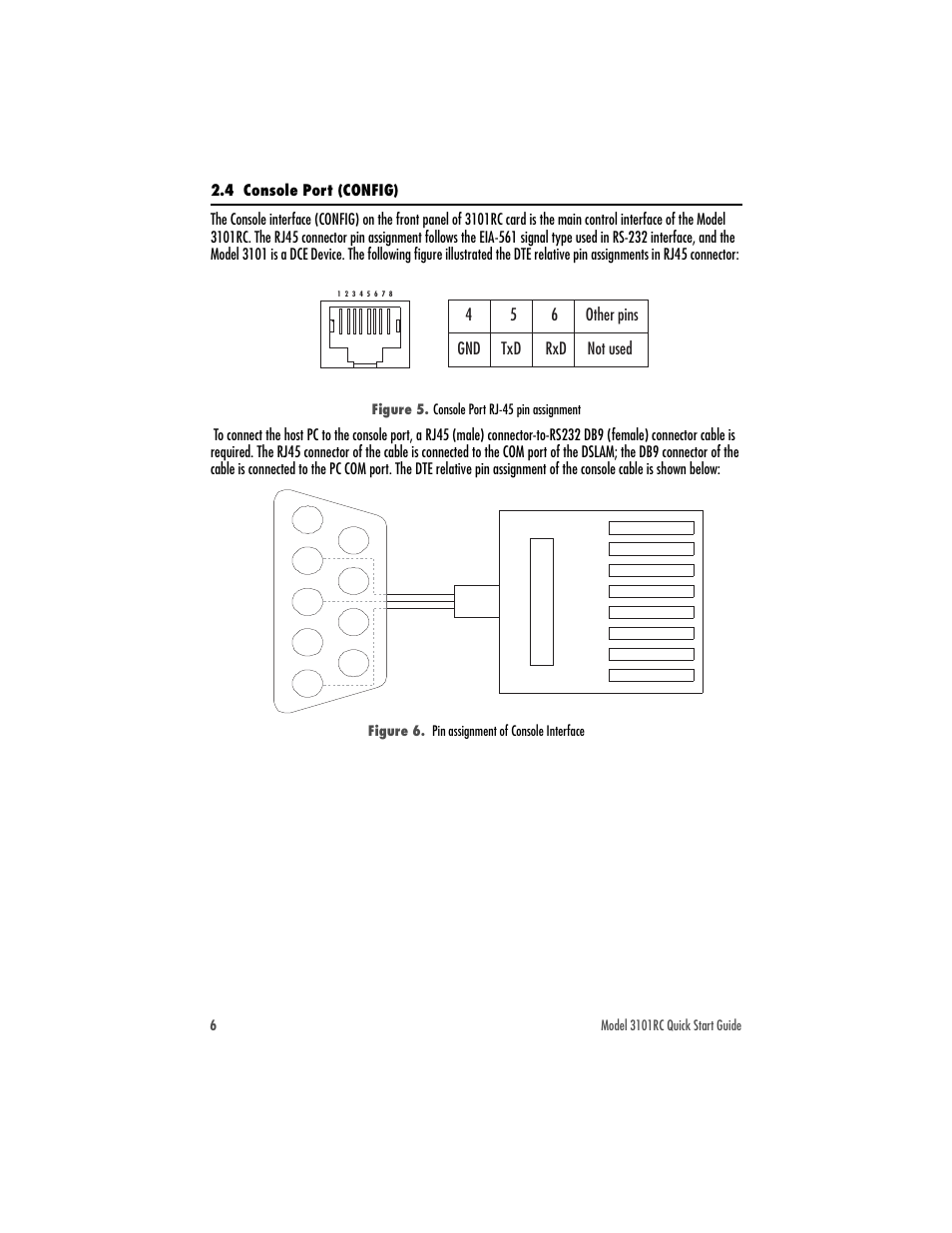 4 console port (config), 4 5 6 other pins gnd txd rxd not used, Figure 5. console port rj-45 pin assignment | Figure 6. pin assignment of console interface | Patton electronic Model 3101RC User Manual | Page 6 / 12
