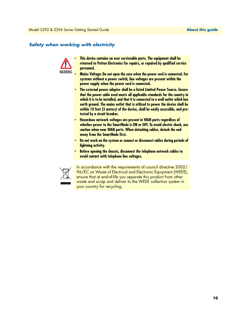 Safety when working with electricity | Patton electronic SmartNode 2294 User Manual | Page 10 / 53