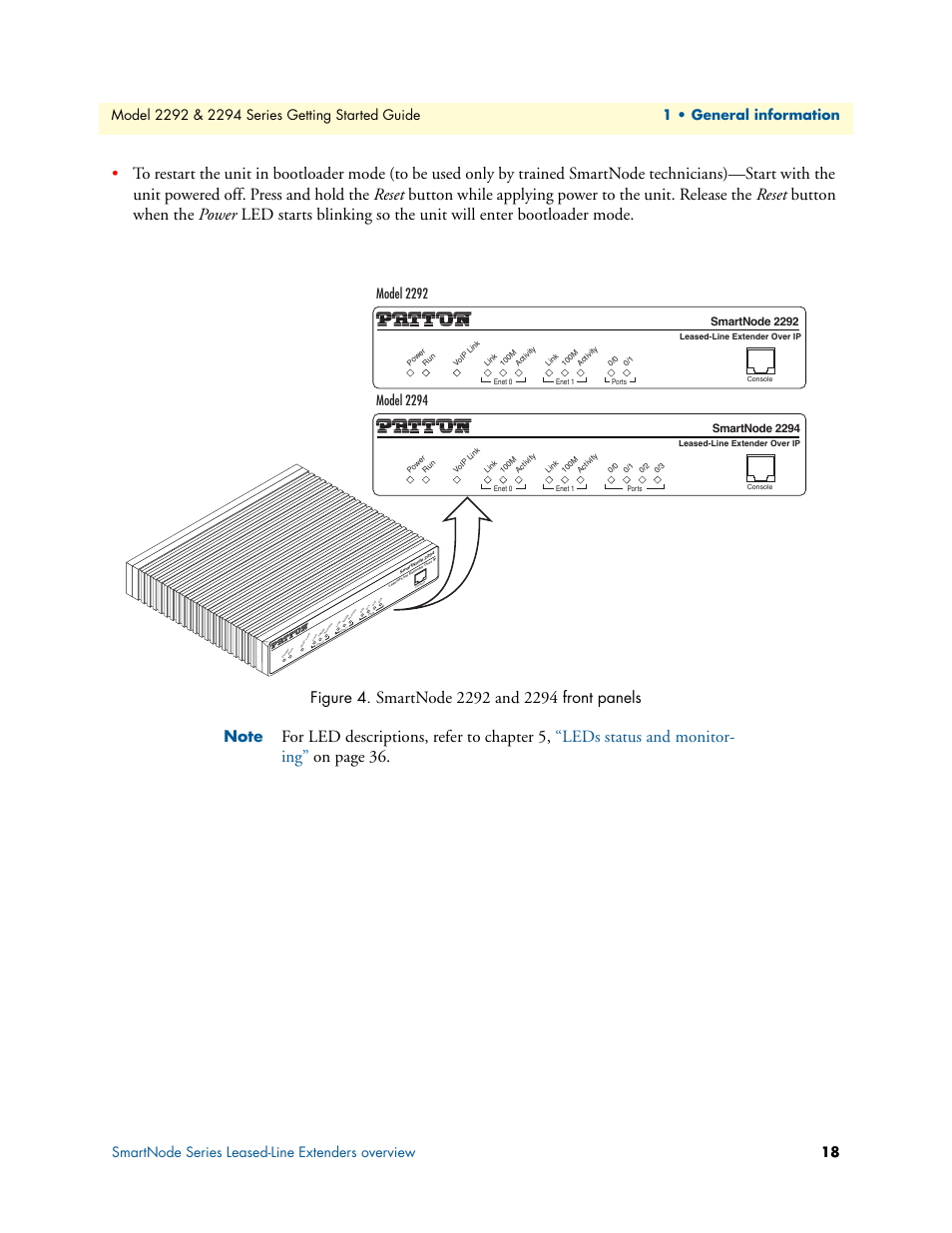 Smartnode 2292 and 2294 front panels, T (see, Figure 4 | Model 2294, Model 2292, Smartnode 2292, Smartnode 2294 | Patton electronic SmartNode 2294 User Manual | Page 18 / 53