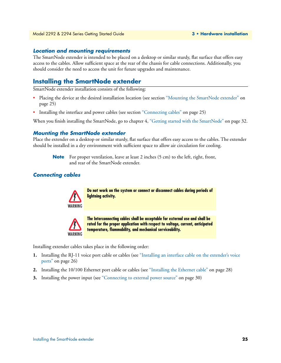 Location and mounting requirements, Installing the smartnode extender, Mounting the smartnode extender | Connecting cables, Installing the smartnode, Extender | Patton electronic SmartNode 2294 User Manual | Page 25 / 53