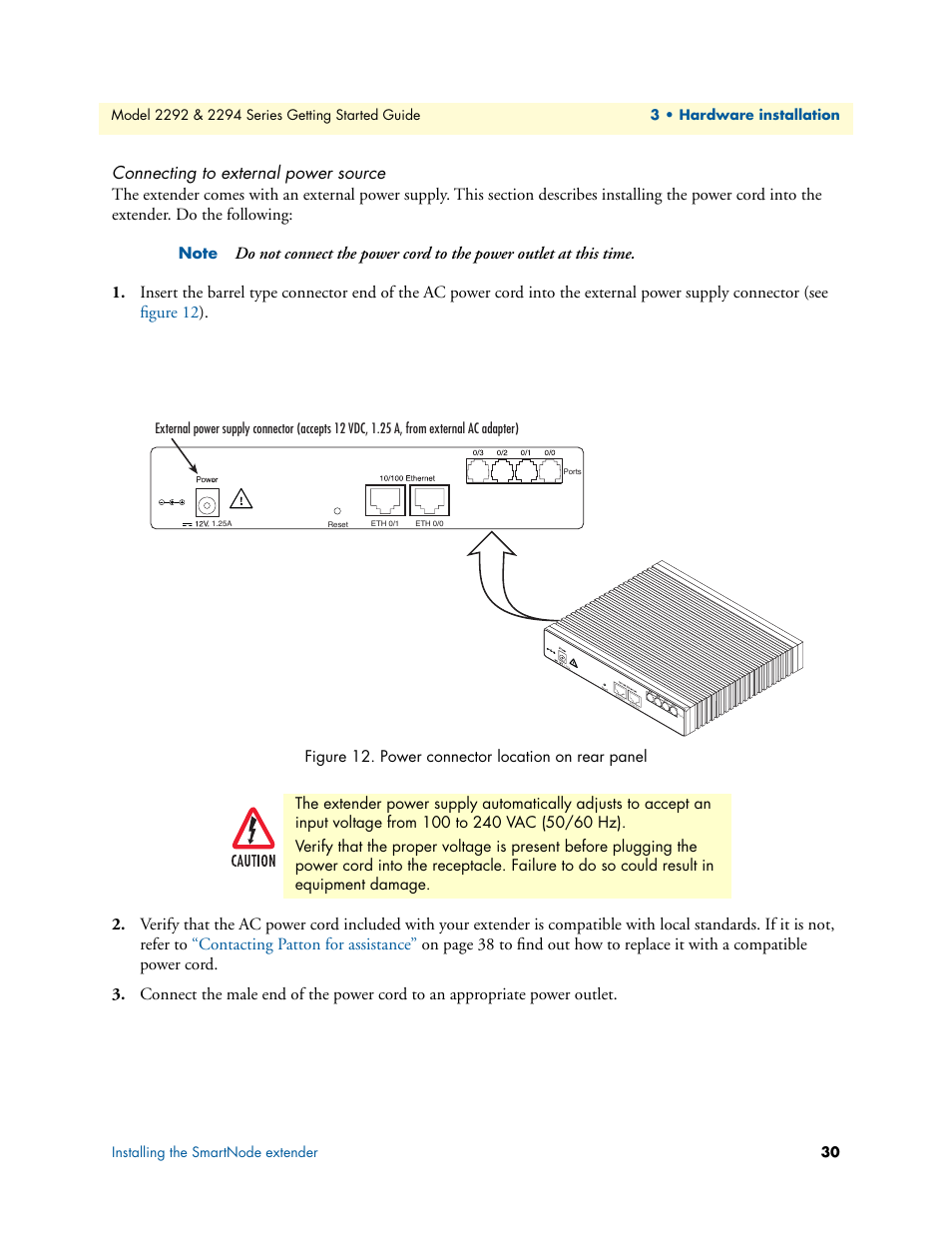 Connecting to external power source, Power connector location on rear panel | Patton electronic SmartNode 2294 User Manual | Page 30 / 53