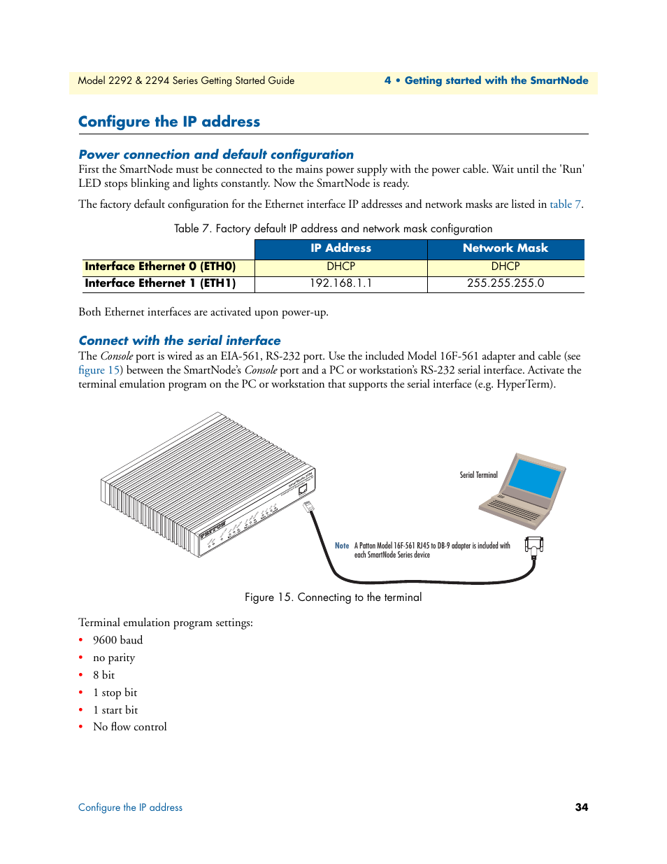 Configure the ip address, Power connection and default configuration, Connect with the serial interface | Connecting to the terminal, Figure 15. connecting to the terminal | Patton electronic SmartNode 2294 User Manual | Page 34 / 53