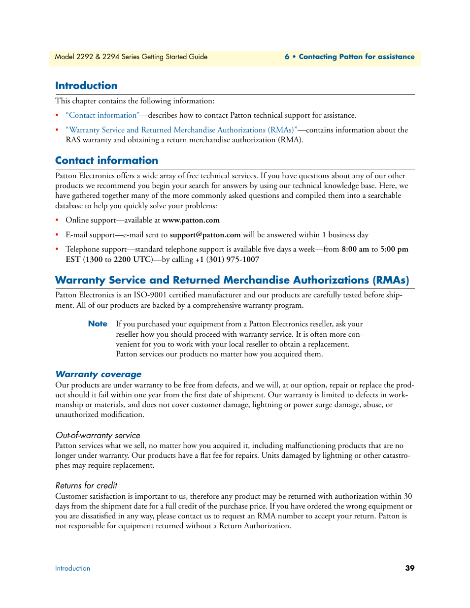 Introduction, Contact information, Warranty coverage | Out-of-warranty service, Returns for credit | Patton electronic SmartNode 2294 User Manual | Page 39 / 53