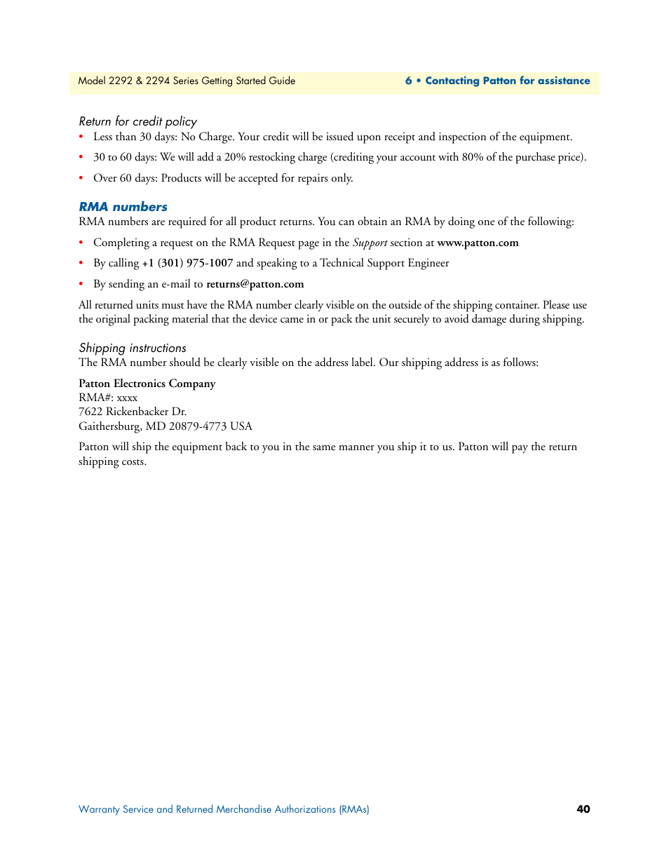 Return for credit policy, Rma numbers, Shipping instructions | Patton electronic SmartNode 2294 User Manual | Page 40 / 53