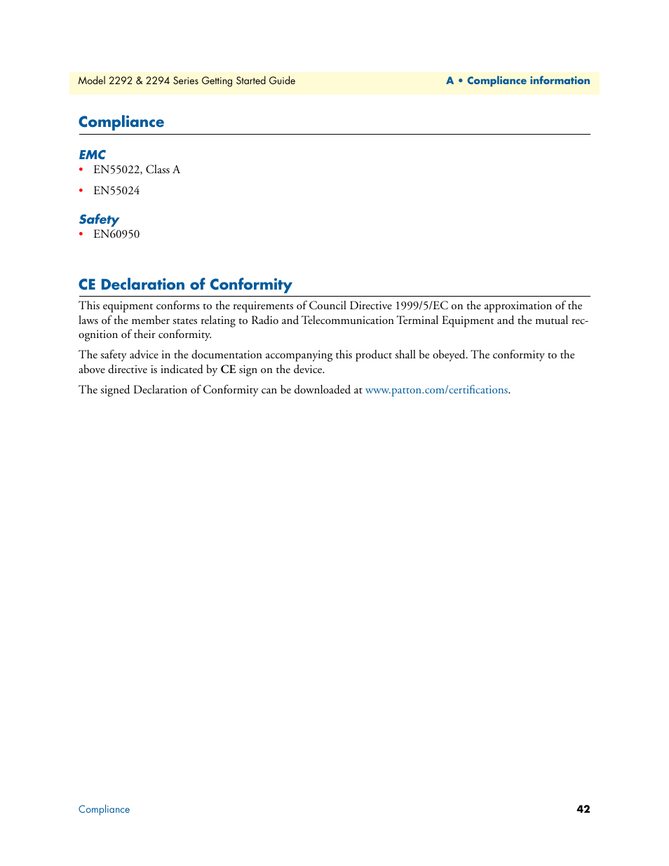 Compliance, Safety, Ce declaration of conformity | Patton electronic SmartNode 2294 User Manual | Page 42 / 53