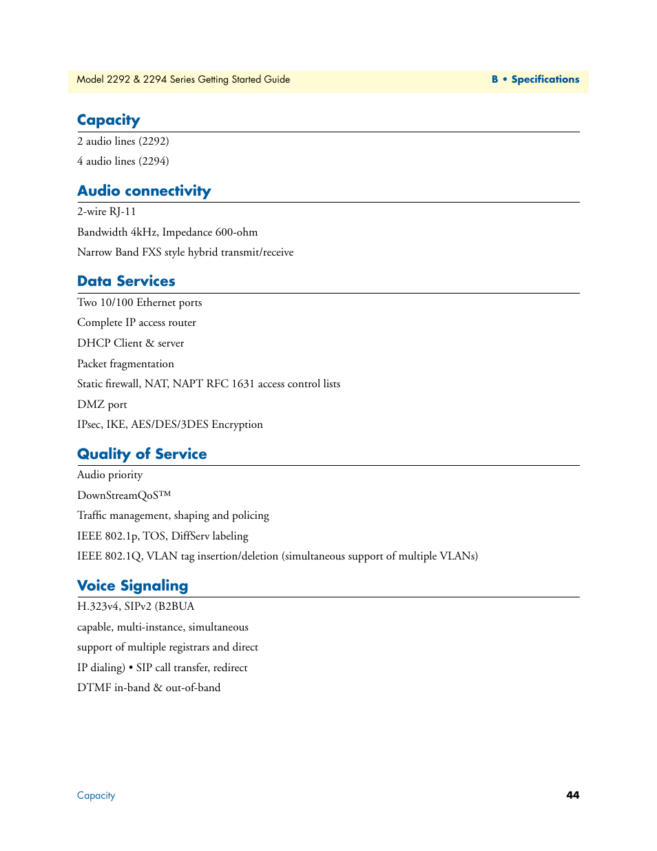 Capacity, Audio connectivity, Data services | Quality of service, Voice signaling | Patton electronic SmartNode 2294 User Manual | Page 44 / 53