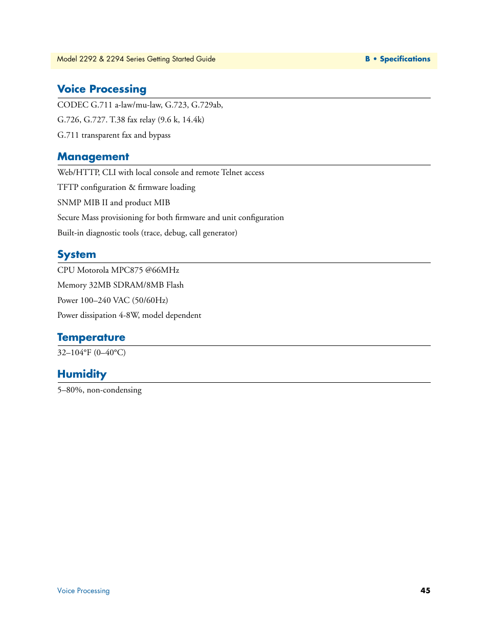 Voice processing, Management, System | Temperature, Humidity | Patton electronic SmartNode 2294 User Manual | Page 45 / 53