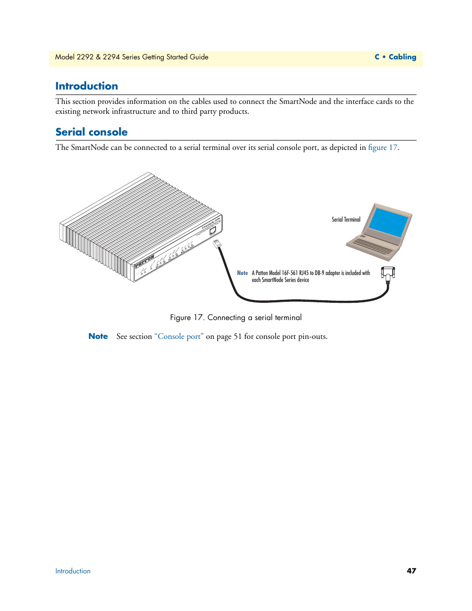 Introduction, Serial console, Connecting a serial terminal | Patton electronic SmartNode 2294 User Manual | Page 47 / 53
