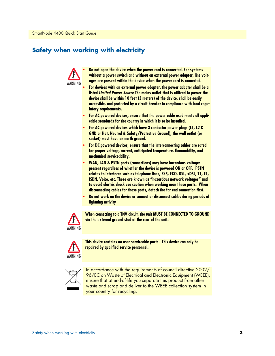 Safety when working with electricity | Patton electronic SmartNode 07MSN4400-QS User Manual | Page 3 / 12