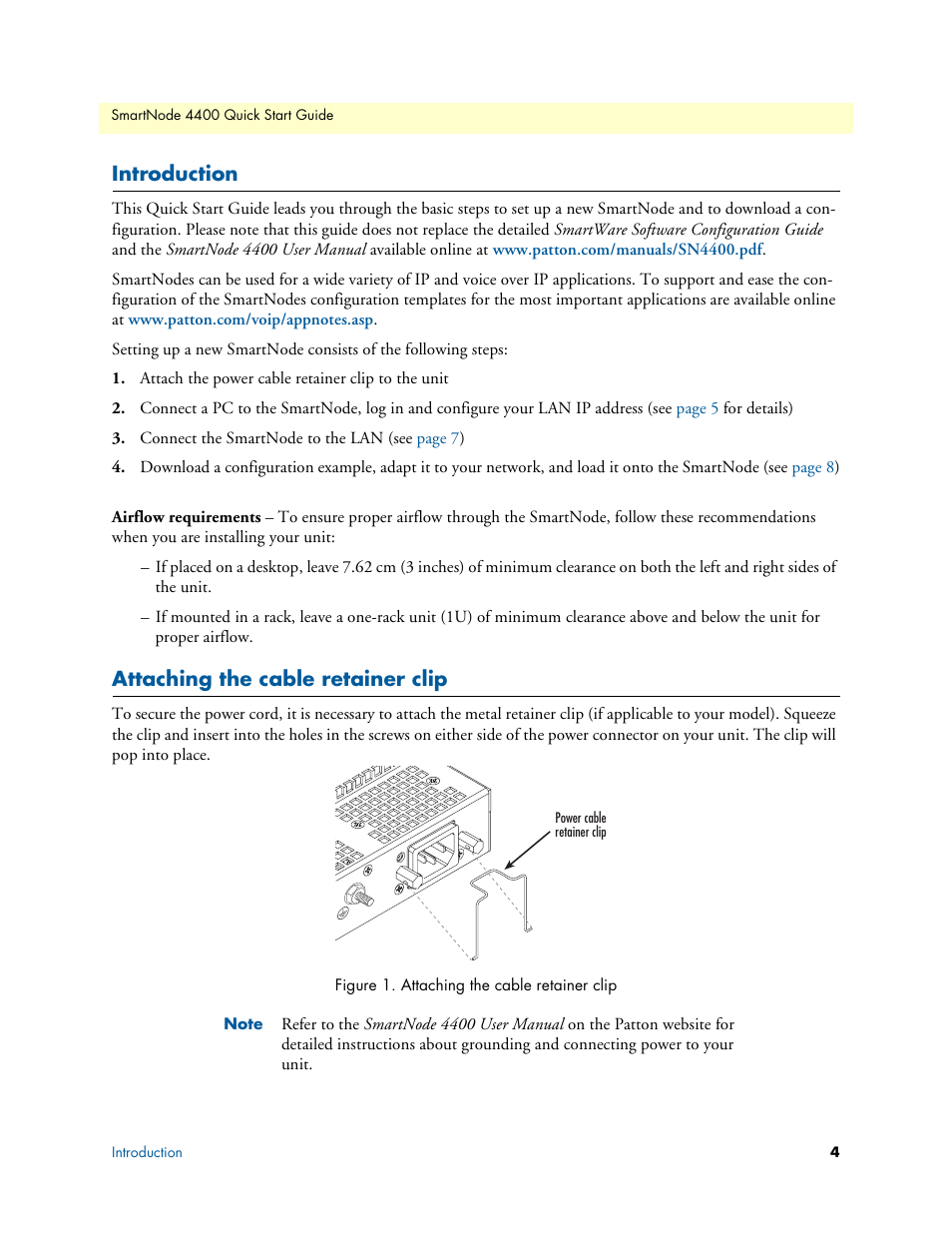 Introduction, Attaching the cable retainer clip | Patton electronic SmartNode 07MSN4400-QS User Manual | Page 4 / 12