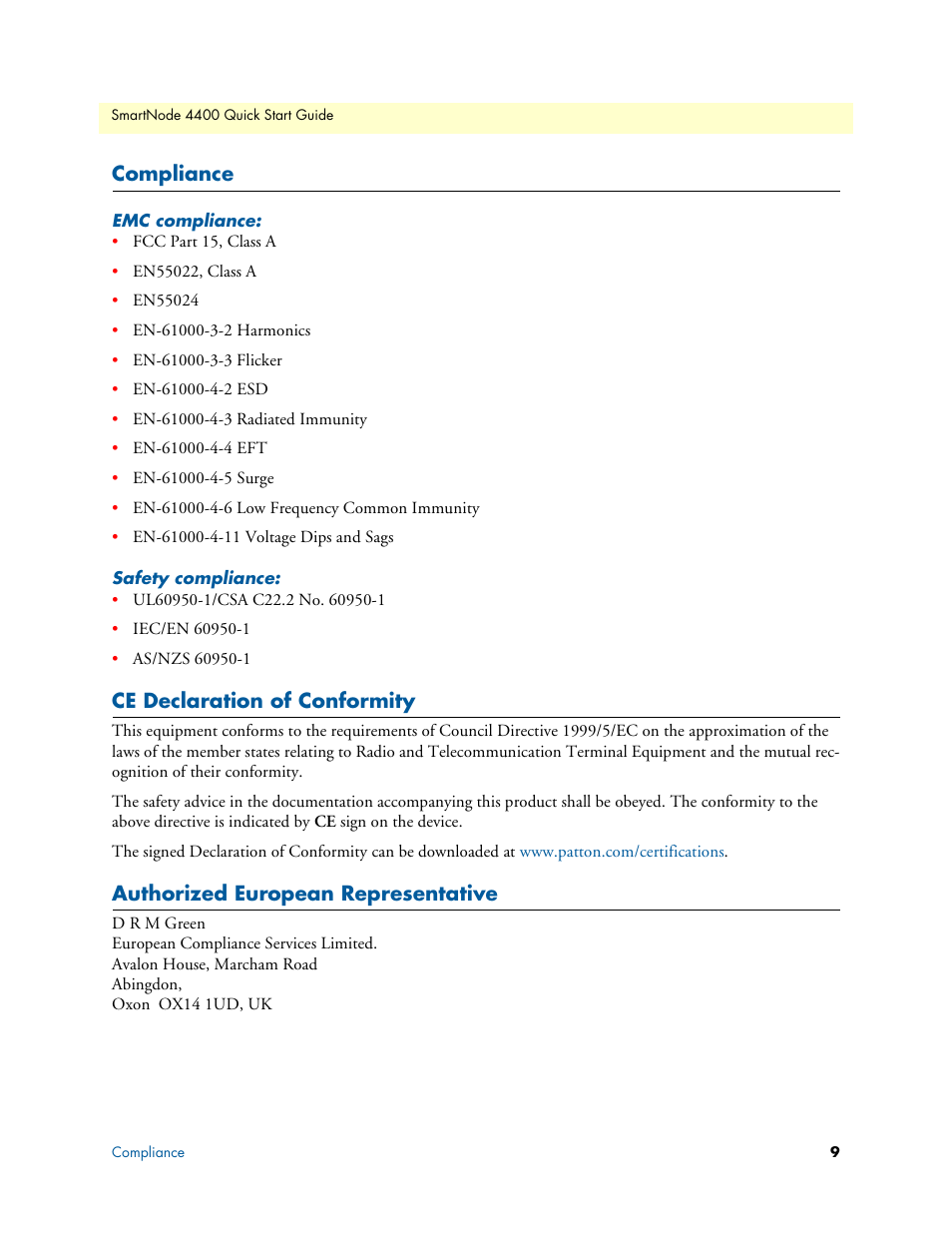 Compliance, Emc compliance, Safety compliance | Ce declaration of conformity, Authorized european representative | Patton electronic SmartNode 07MSN4400-QS User Manual | Page 9 / 12
