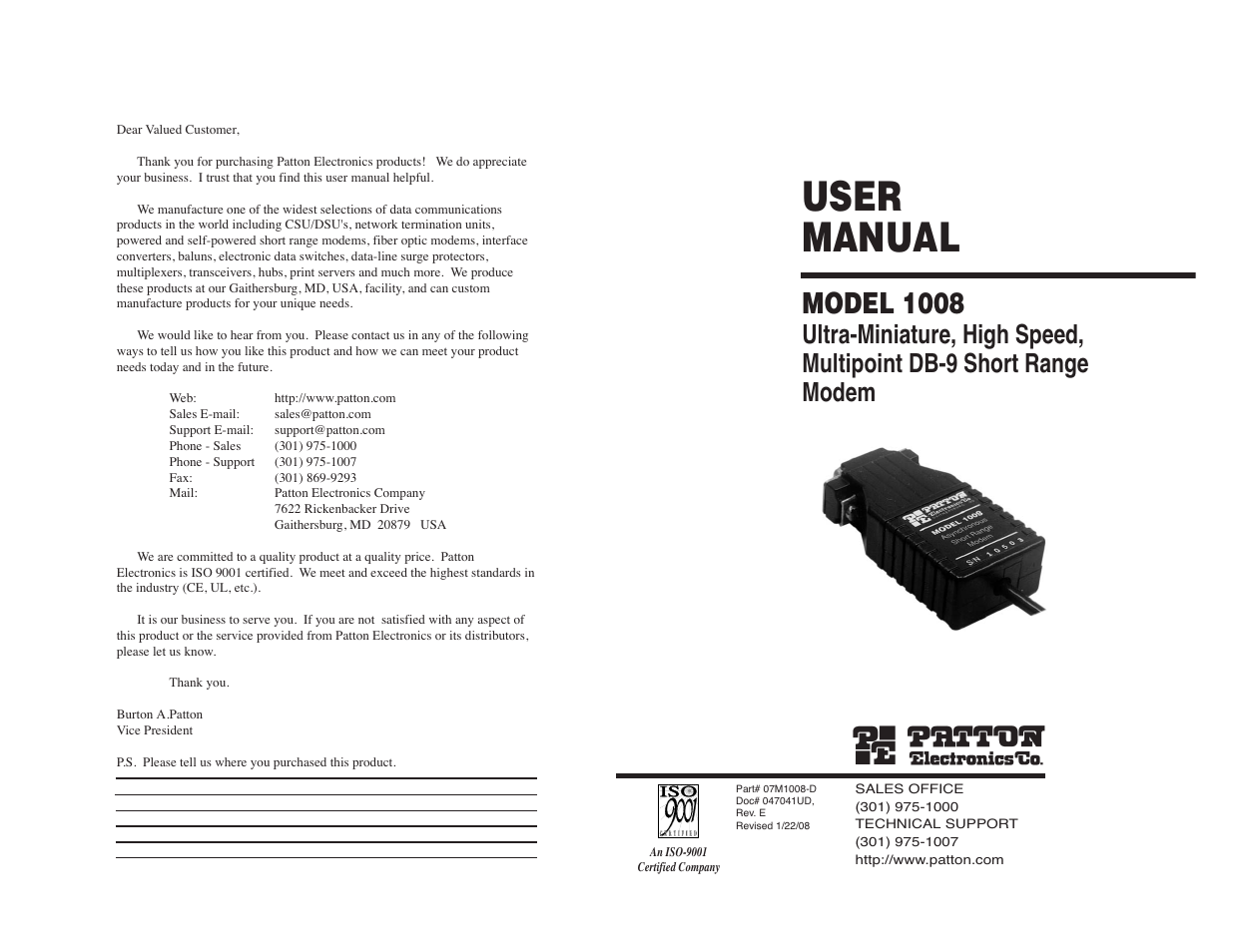 User manual, Model 1008 | Patton electronic 1008 User Manual | Page 20 / 20