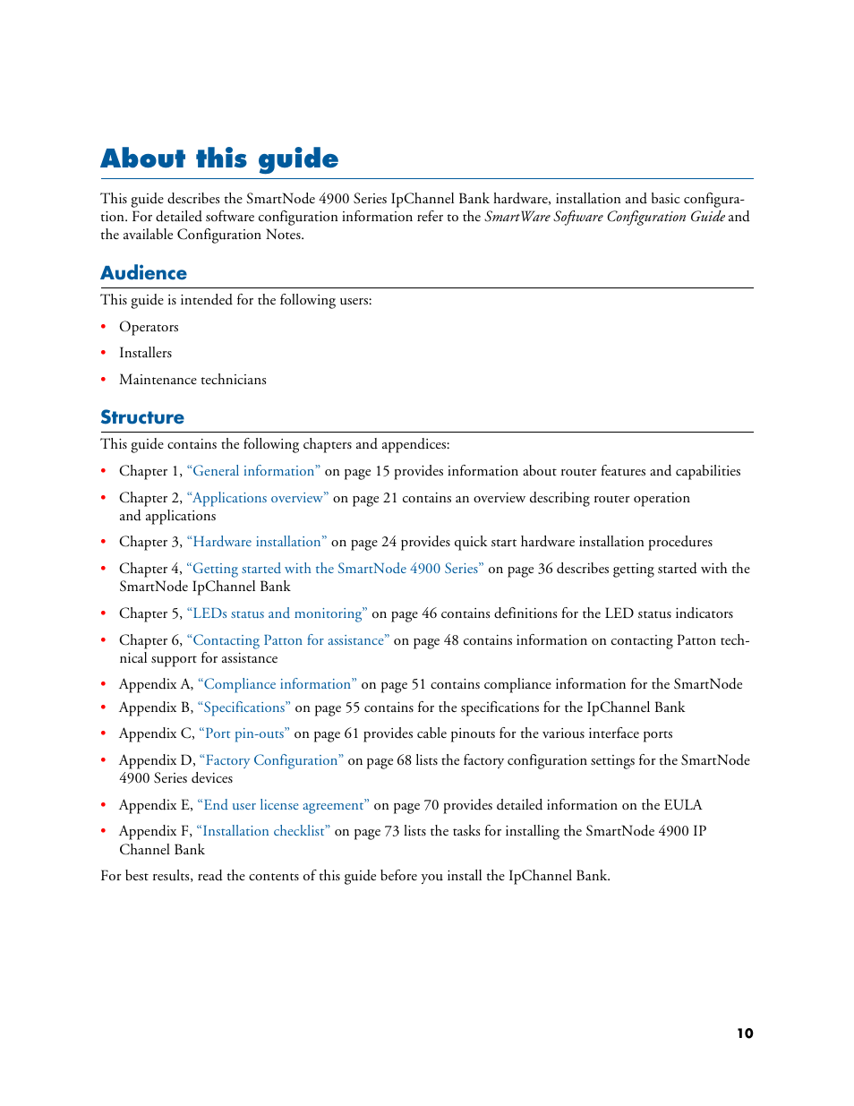 About this guide, Audience, Structure | Patton electronic SMARTNODE 4900 User Manual | Page 10 / 76