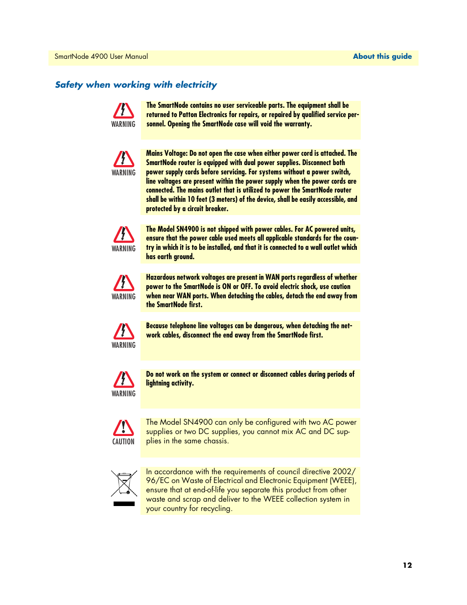Safety when working with electricity | Patton electronic SMARTNODE 4900 User Manual | Page 12 / 76