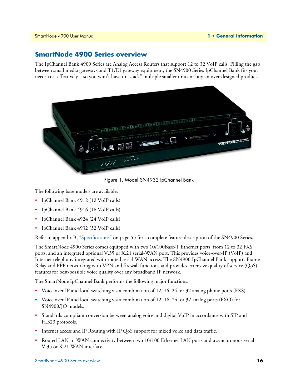 Smartnode 4900 series overview, Model sn4932 ipchannel bank | Patton electronic SMARTNODE 4900 User Manual | Page 16 / 76