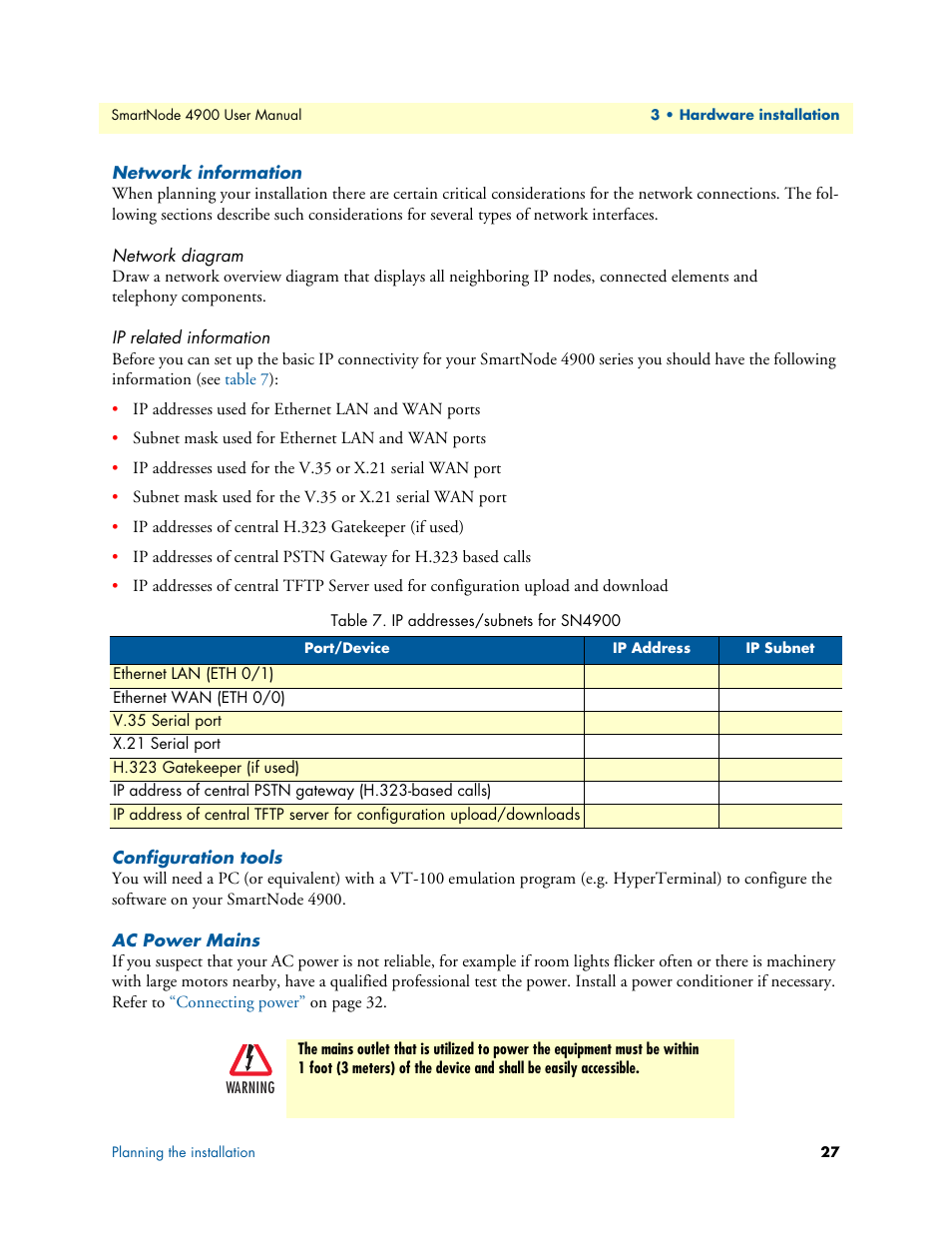 Network information, Network diagram, Ip related information | Configuration tools, Ac power mains, Ip addresses/subnets for sn4900 | Patton electronic SMARTNODE 4900 User Manual | Page 27 / 76