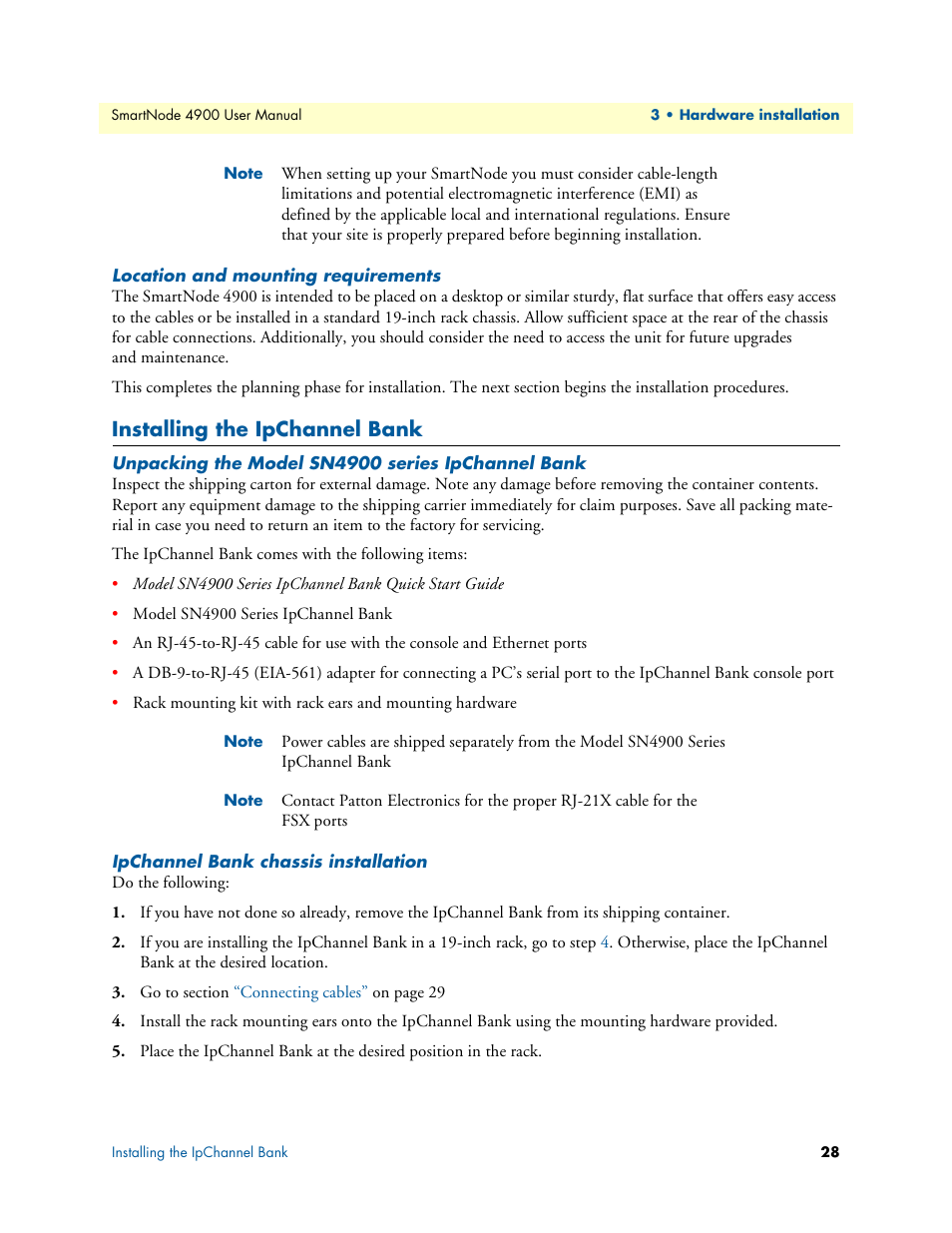 Location and mounting requirements, Installing the ipchannel bank, Unpacking the model sn4900 series ipchannel bank | Ipchannel bank chassis installation | Patton electronic SMARTNODE 4900 User Manual | Page 28 / 76
