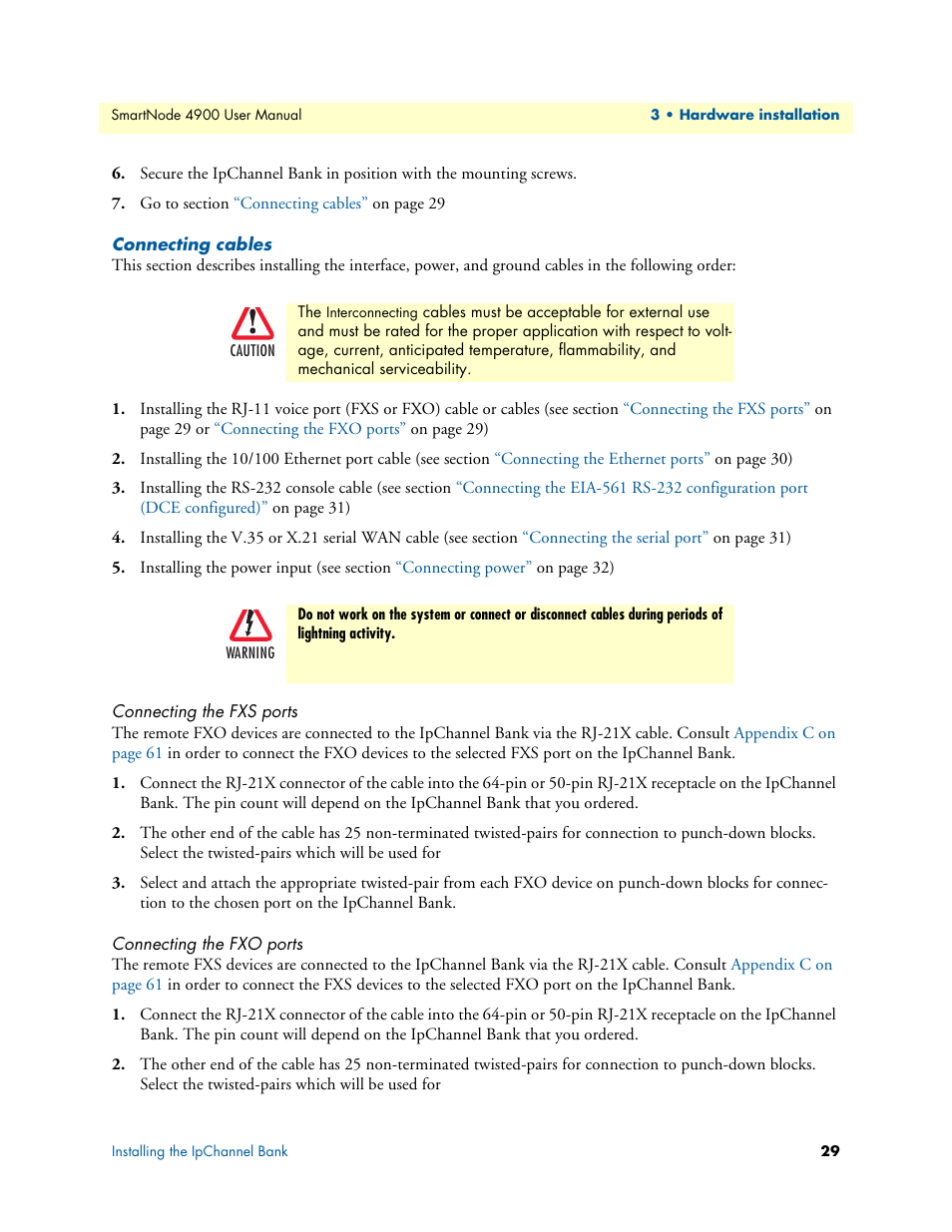 Connecting cables, Connecting the fxs ports, Connecting the fxo ports | Patton electronic SMARTNODE 4900 User Manual | Page 29 / 76