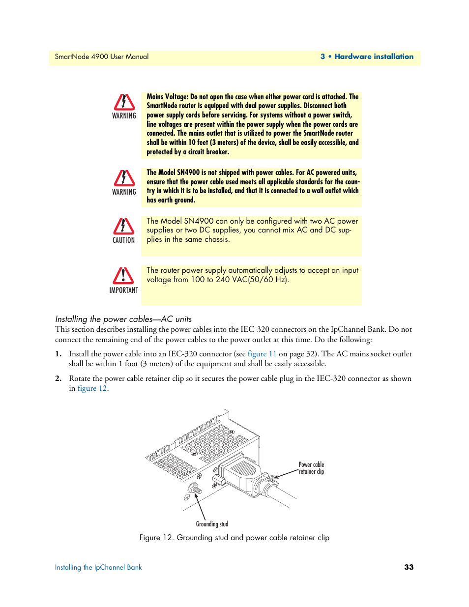 Installing the power cables-ac units, Installing the power cables—ac units, Grounding stud and power cable retainer clip | Patton electronic SMARTNODE 4900 User Manual | Page 33 / 76