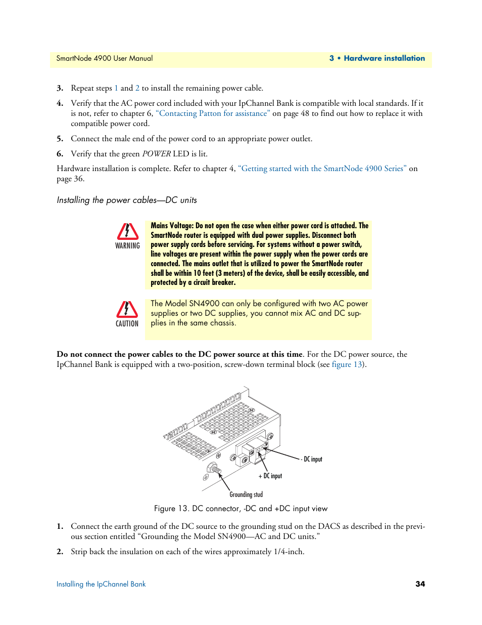Installing the power cables-dc units, Installing the power cables—dc units, Dc connector, -dc and +dc input view | Patton electronic SMARTNODE 4900 User Manual | Page 34 / 76