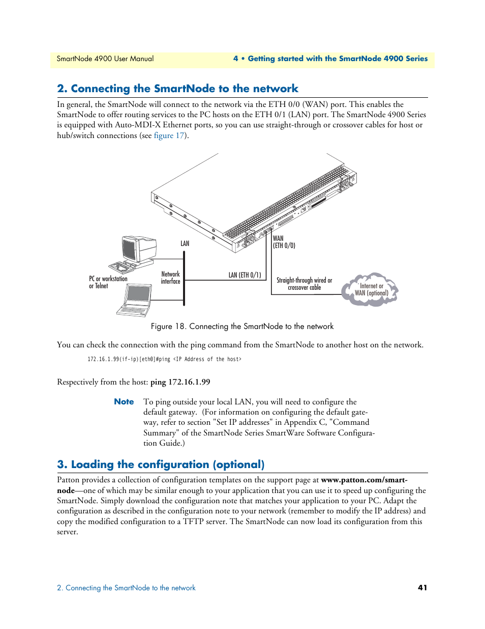 Connecting the smartnode to the network, Loading the configuration (optional), Connecting the smartnode to | The network, Connecting the smartnode to the net, Work | Patton electronic SMARTNODE 4900 User Manual | Page 41 / 76
