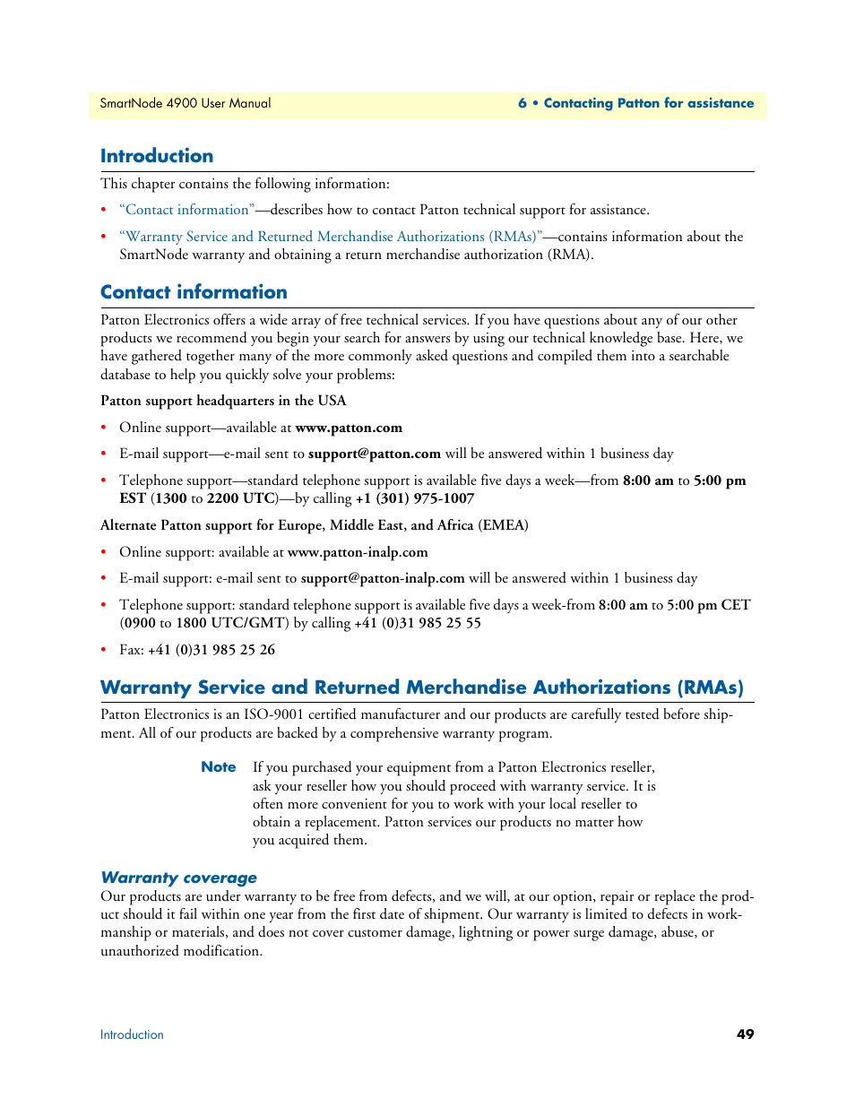 Introduction, Contact information, Warranty coverage | Patton electronic SMARTNODE 4900 User Manual | Page 49 / 76